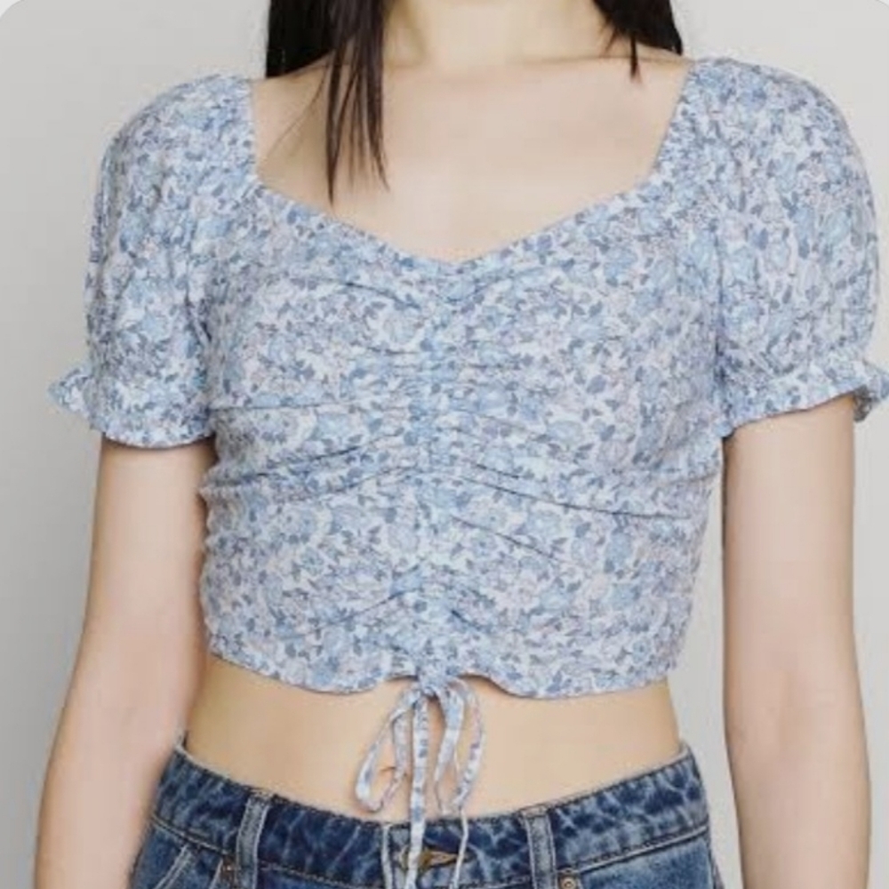Hollister Babydoll Crop Top Floral Y2K Peasant Cottage XS Blue Smocked Fairy